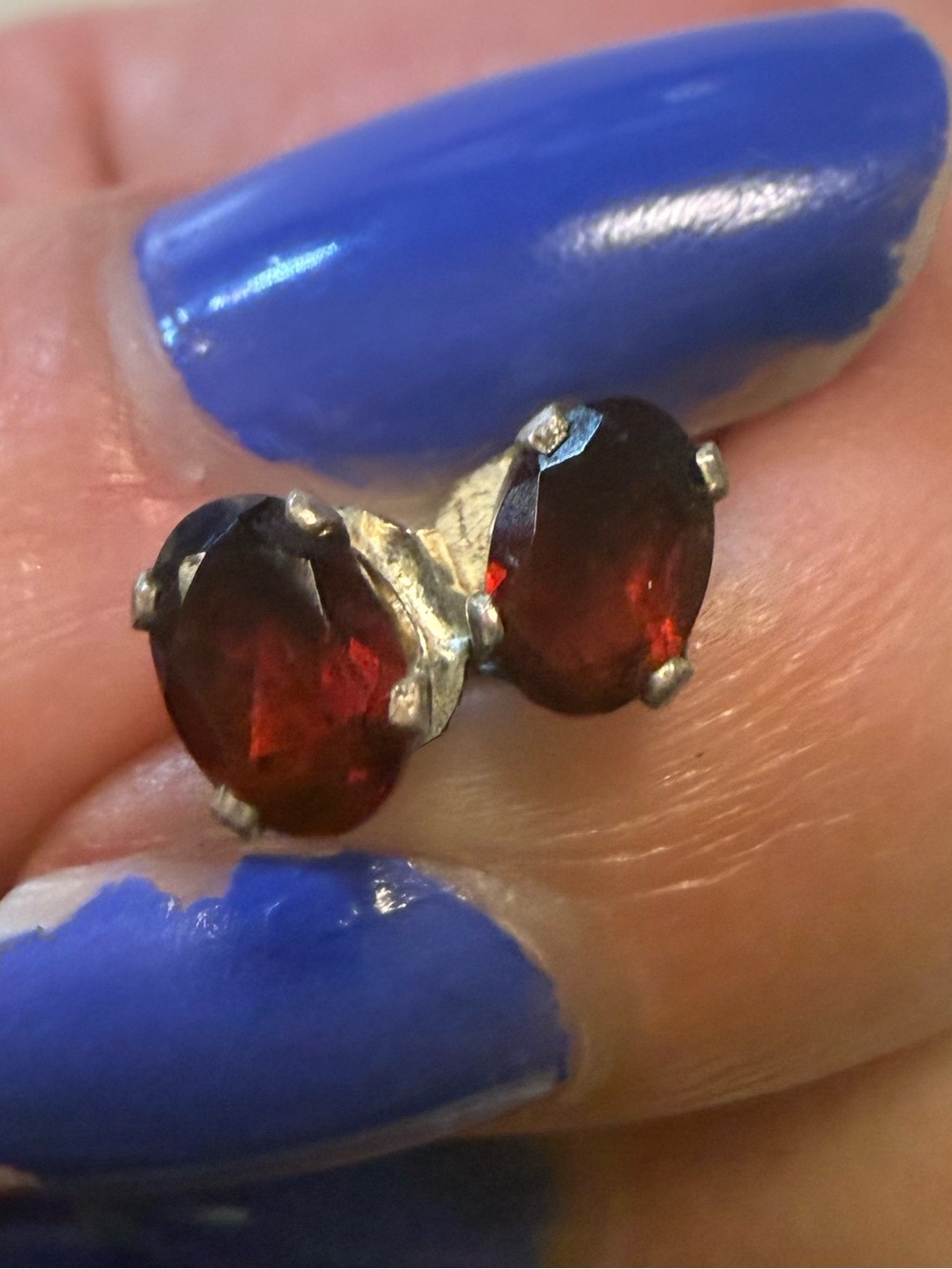 Sterling Silver Red Garnet Oval Stud Earrings - Unbranded